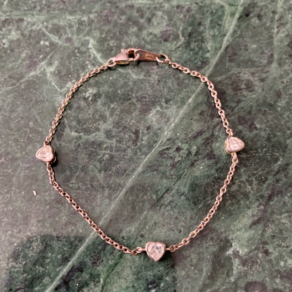 Three Heart Crystal Sterling Silver Chain Station Bracelet 7.25” Dainty